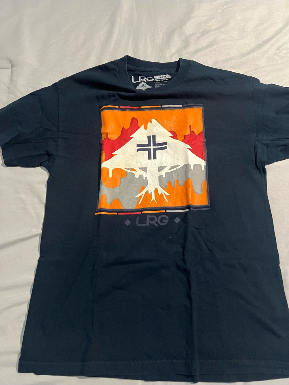 LRG Men's Black Graphic Tee with Orange & White Print Size L